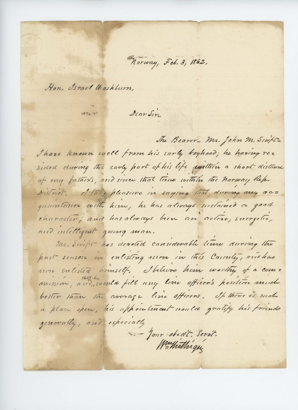 Miniature of Recommendation for commission of John M. Swift of Norway