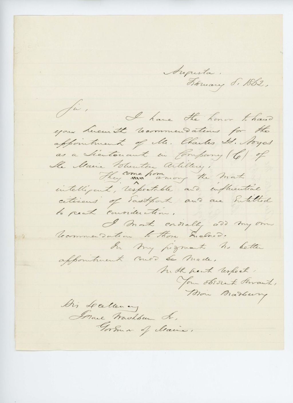 Miniature of Bion Bradbury recommends promotion of Charles H. Noyes
