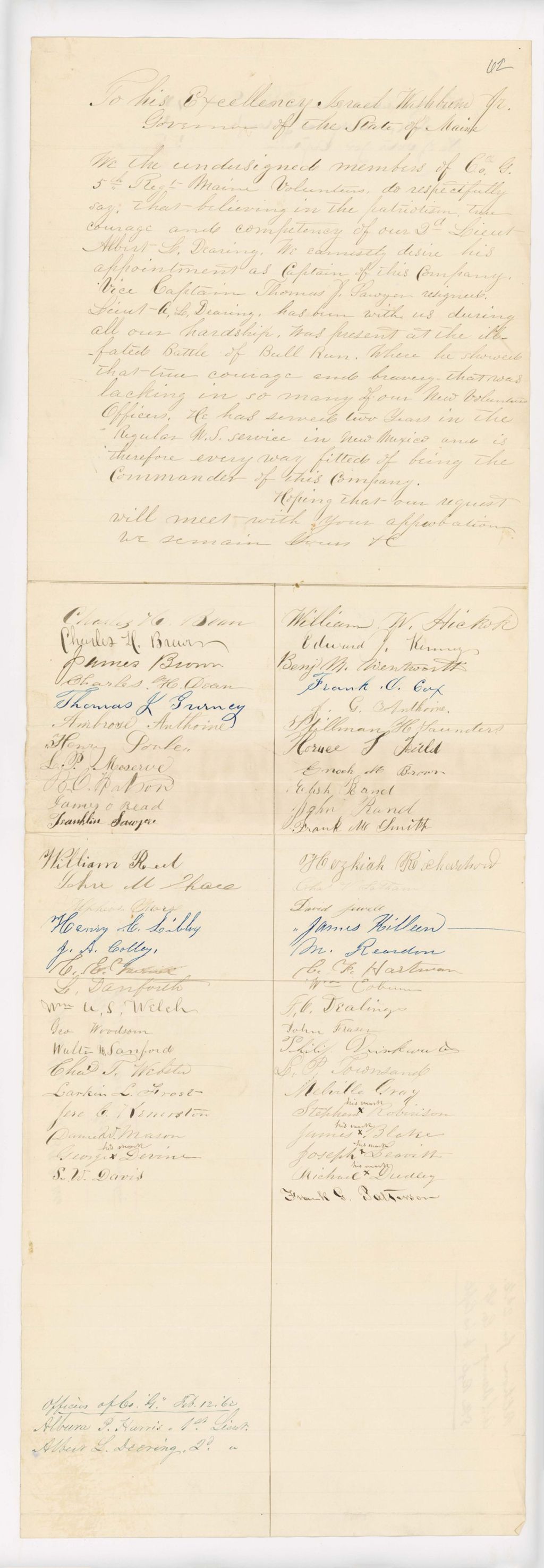 Miniature of William W. Hickok and members of Company G recommend Lieutenant Deering for promotion