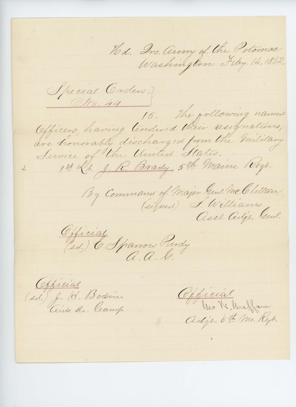 Miniature of Special Order 44 honorably discharging Lieutenant J.R. Brady from service