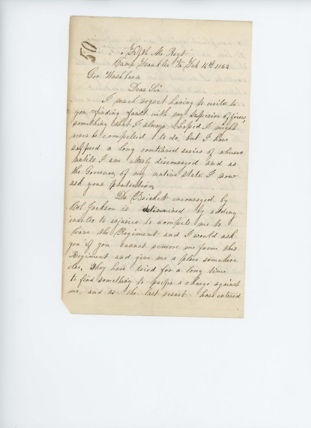 Miniature of Dr. Francis Warren requests a transfer to another regiment due to conflict with Dr. Brickett and Colonel Jackson