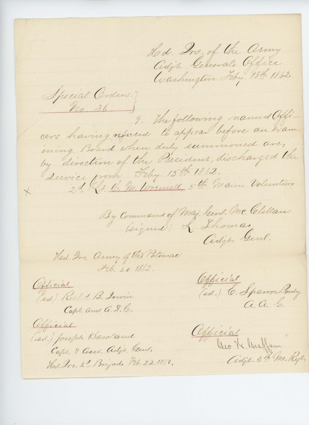 Miniature of Special Order 36 summoning Lieutenant C.M. Wormell before an examining board