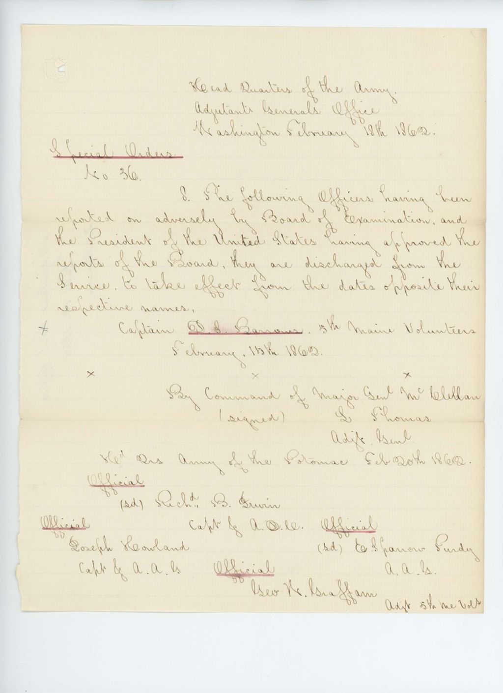 Miniature of Special Order 36 discharging Captain D.S. Barrows from service