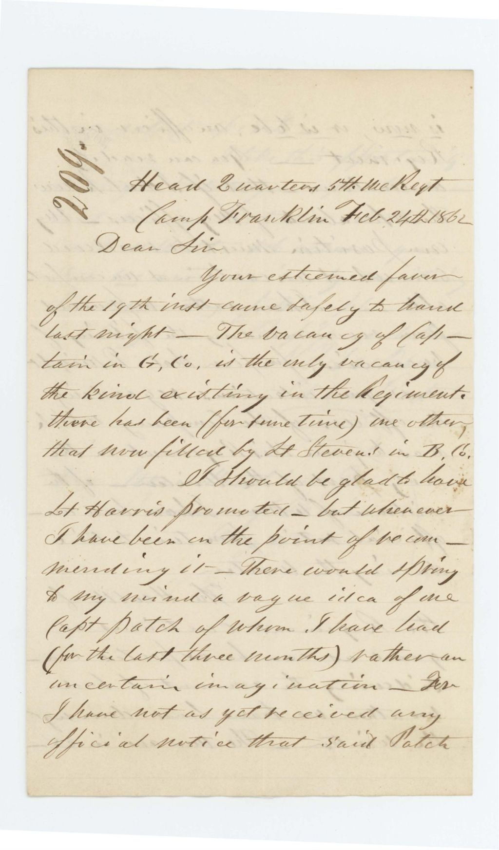 Miniature of Colonel Jackson writes Governor Washburn regarding vacancies