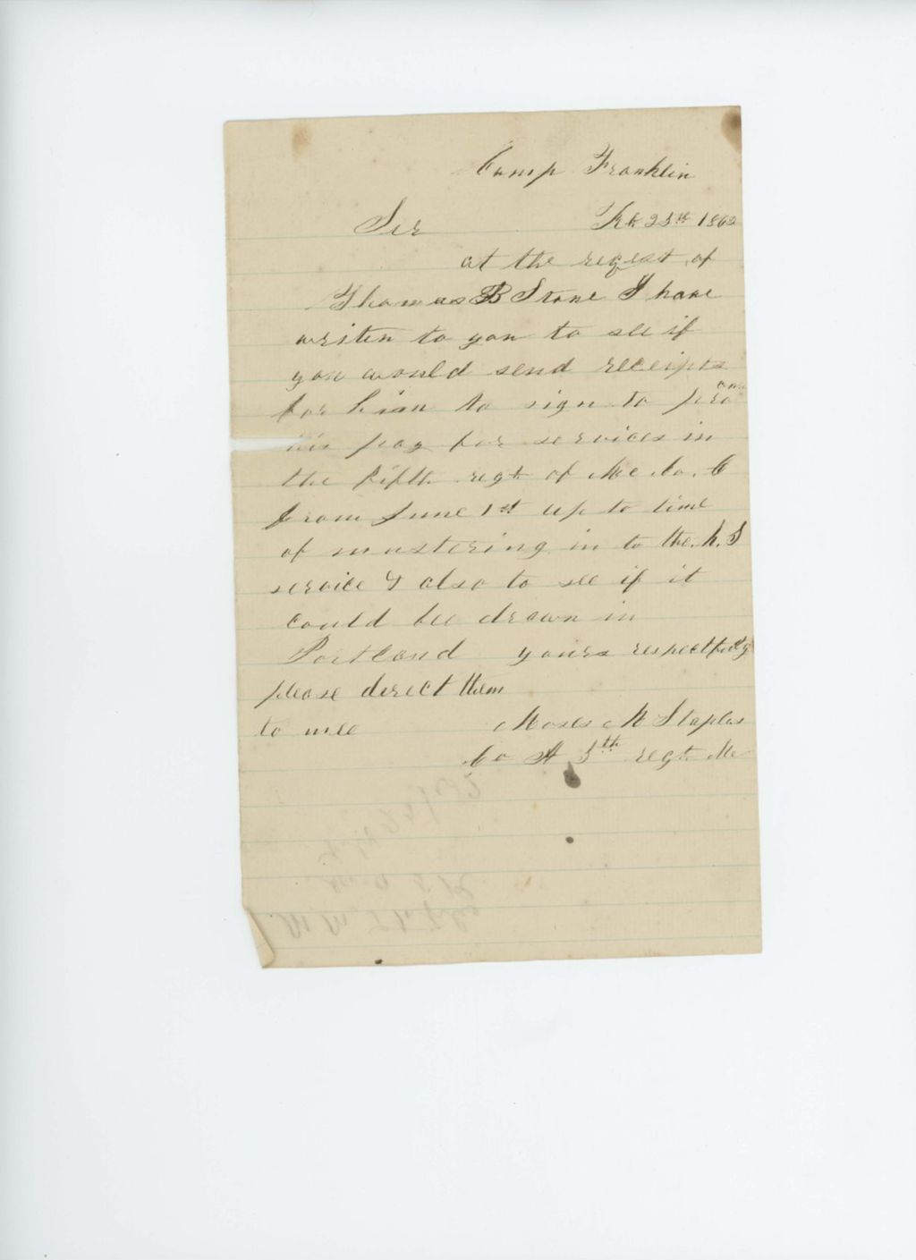Miniature of Moses Staples writes for pay on behalf of Thomas B. Stone