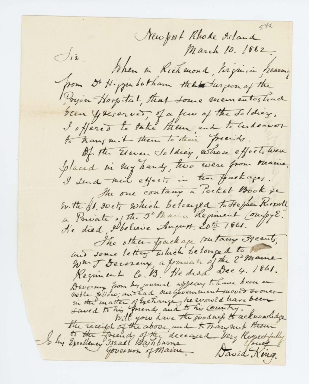 Miniature of David King sends the effects of 2 soldiers who died at the prison hospital in Richmond