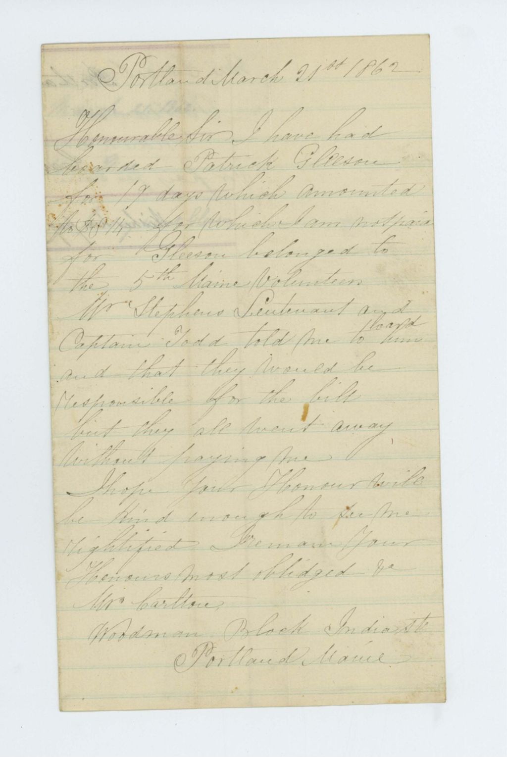Miniature of Mrs. Carleton asks for pay for boarding recruit Patrick Gleason