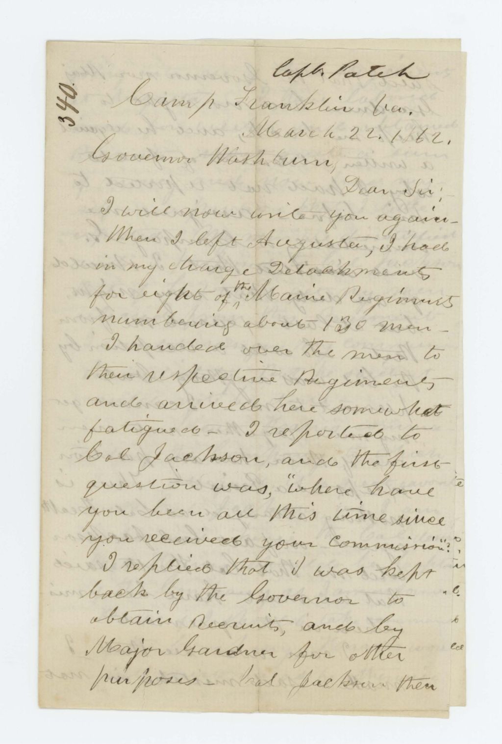 Miniature of Captain George Patch of Company G writes Governor Washburn of his difficulty with Colonel Jackson