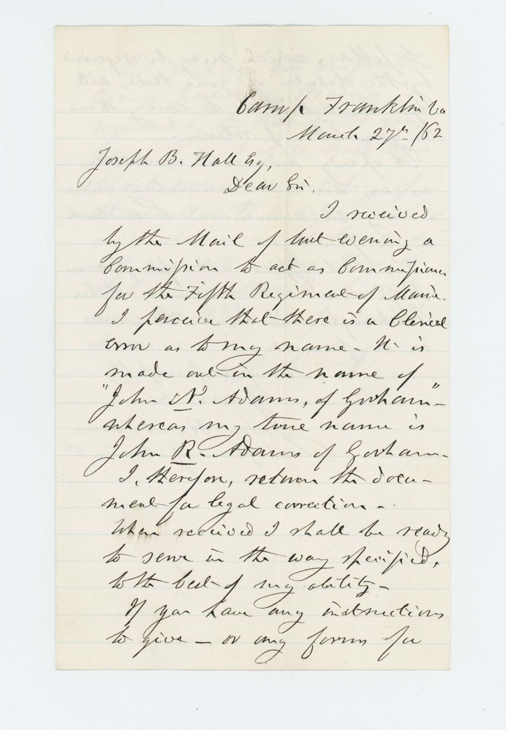 Miniature of Chaplain John R. Adams requests correction to his misspelled name