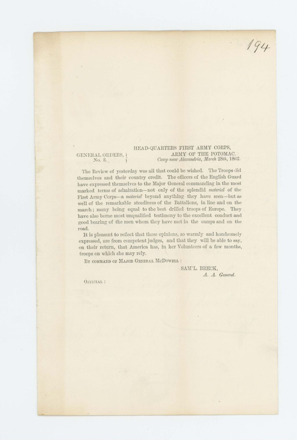 Miniature of Colonel Jackson sends General Order 3 to Adjutant General Hodsdon regarding readiness of the regiment