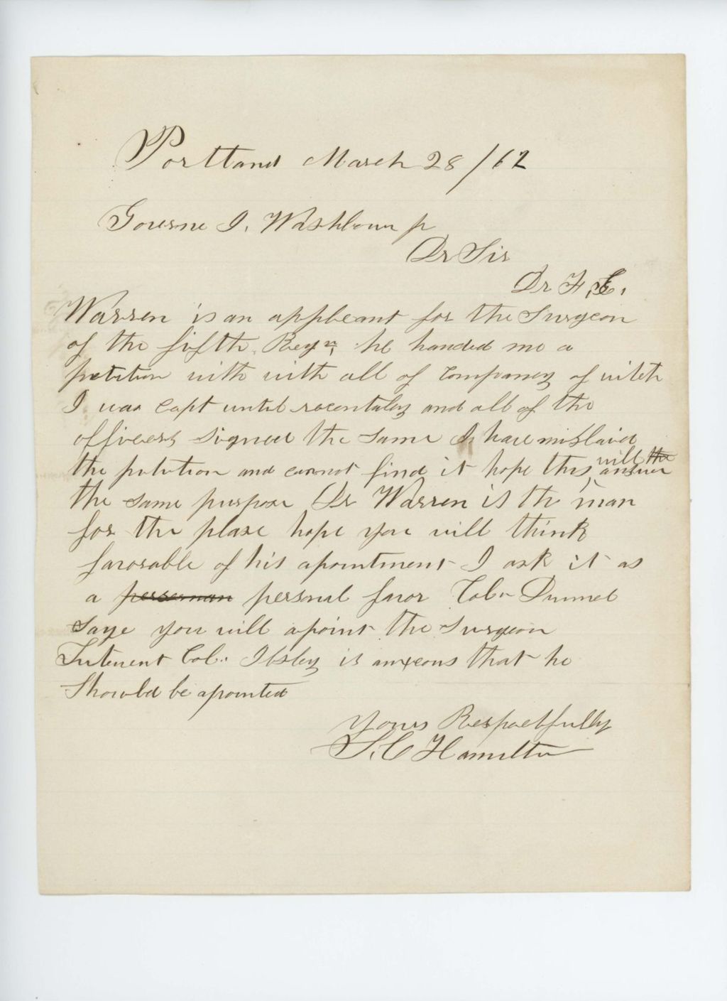 Miniature of S.C. Hamilton recommends Dr. Francis Warren for a position as surgeon