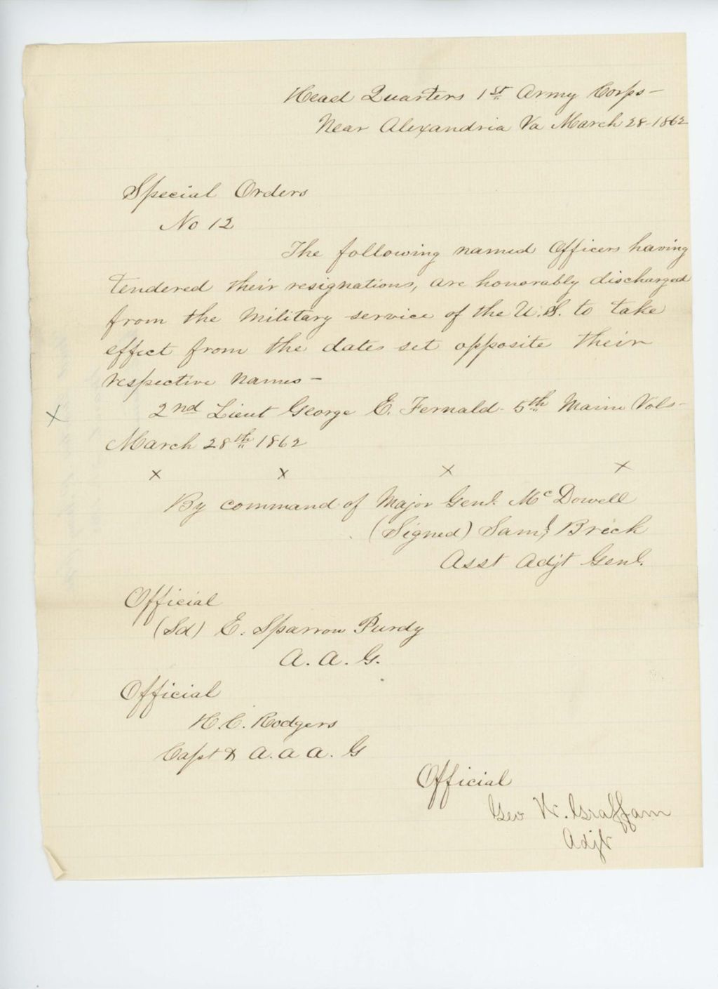 Miniature of Special Order 12 honorably discharging 2nd Lieutenant George E. Fernald from service