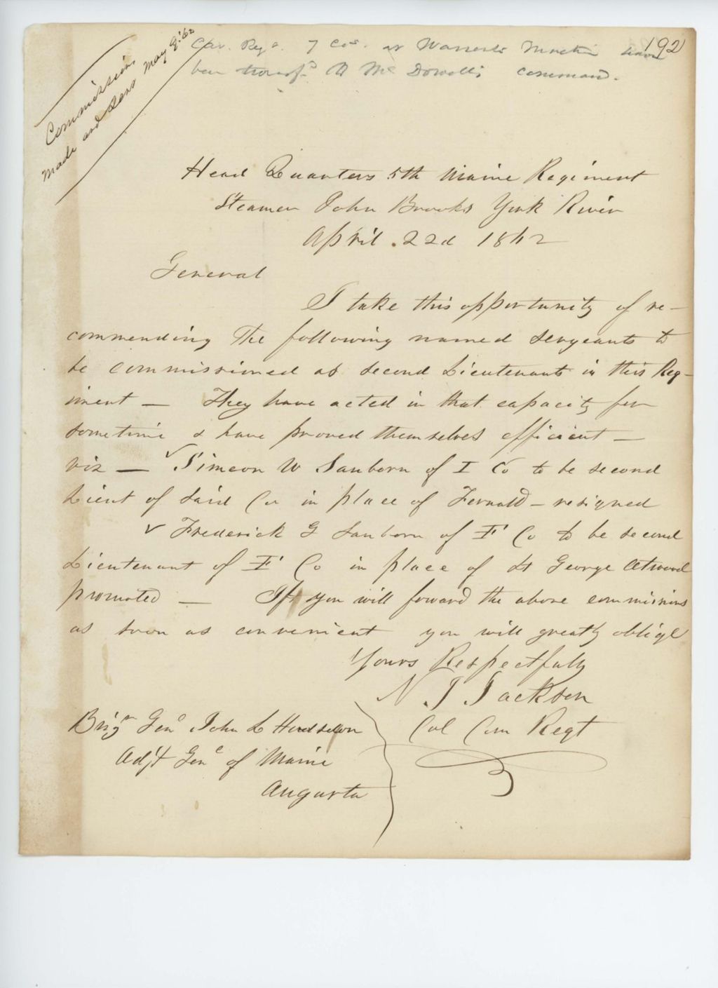 Miniature of Colonel Jackson recommends Simeon Sanborn and Frederick Sanborn for promotions