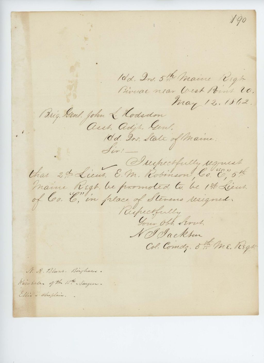 Miniature of Colonel Jackson requests the promotion of E.M. Robinson to 1st Lieutenant