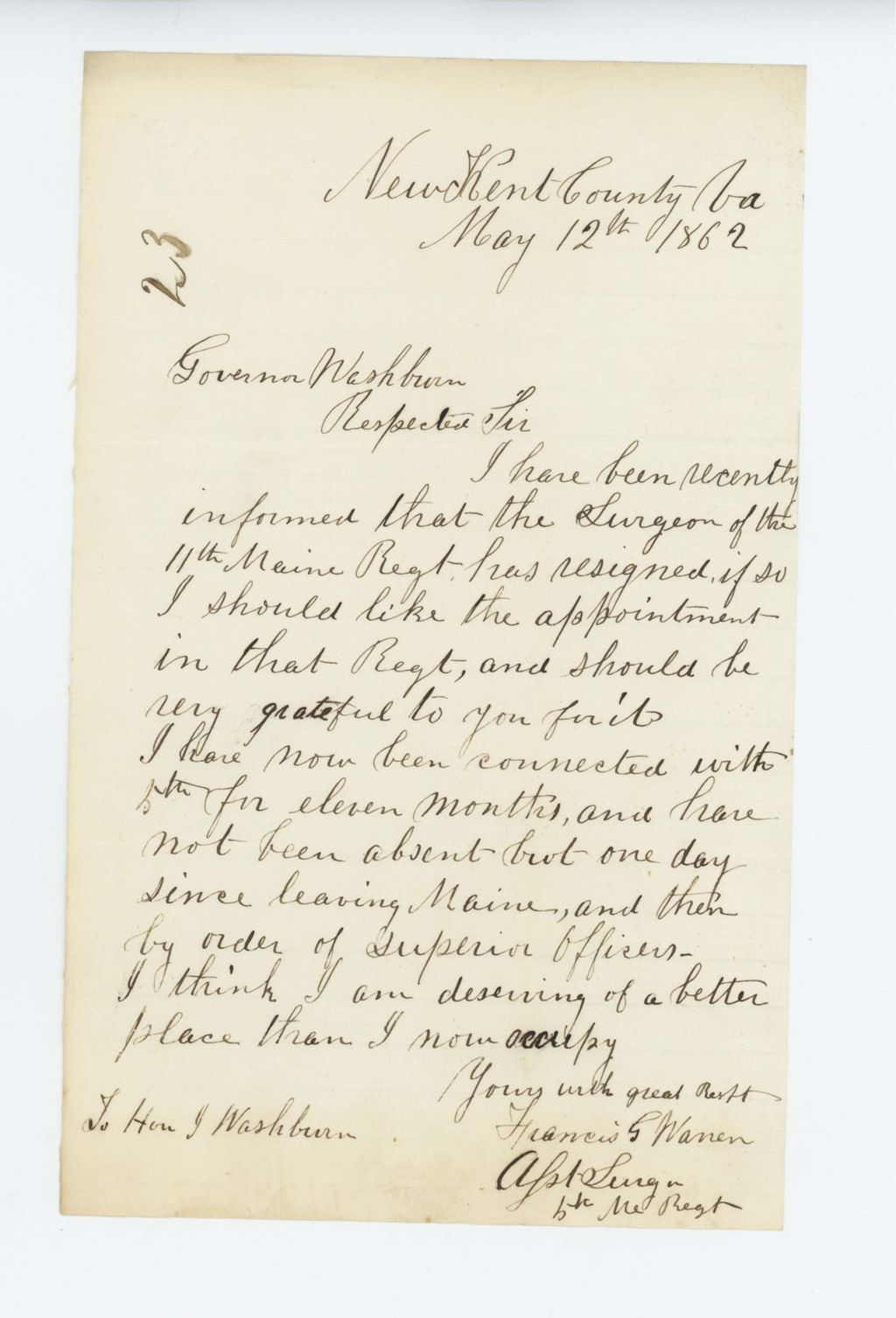 Miniature of Dr. Francis Warren requests a transfer to the 11th Regiment