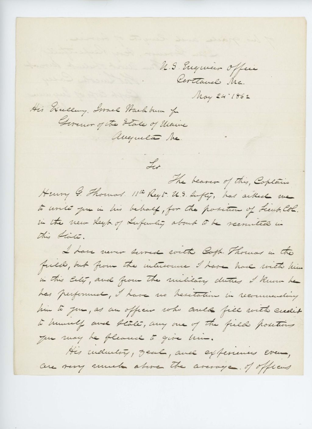 Miniature of Captain Thomas Lincoln Casey recommends Captain Henry Thomas for position in a new infantry regiment