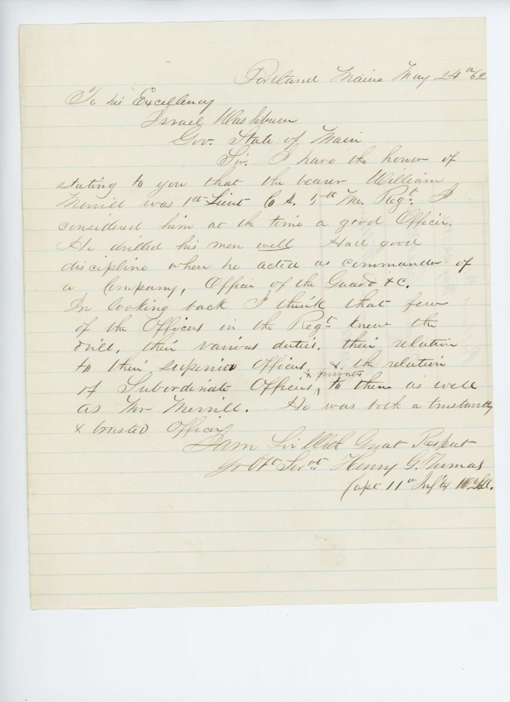 Miniature of Captain Henry Thomas recommends William Merrill for promotion