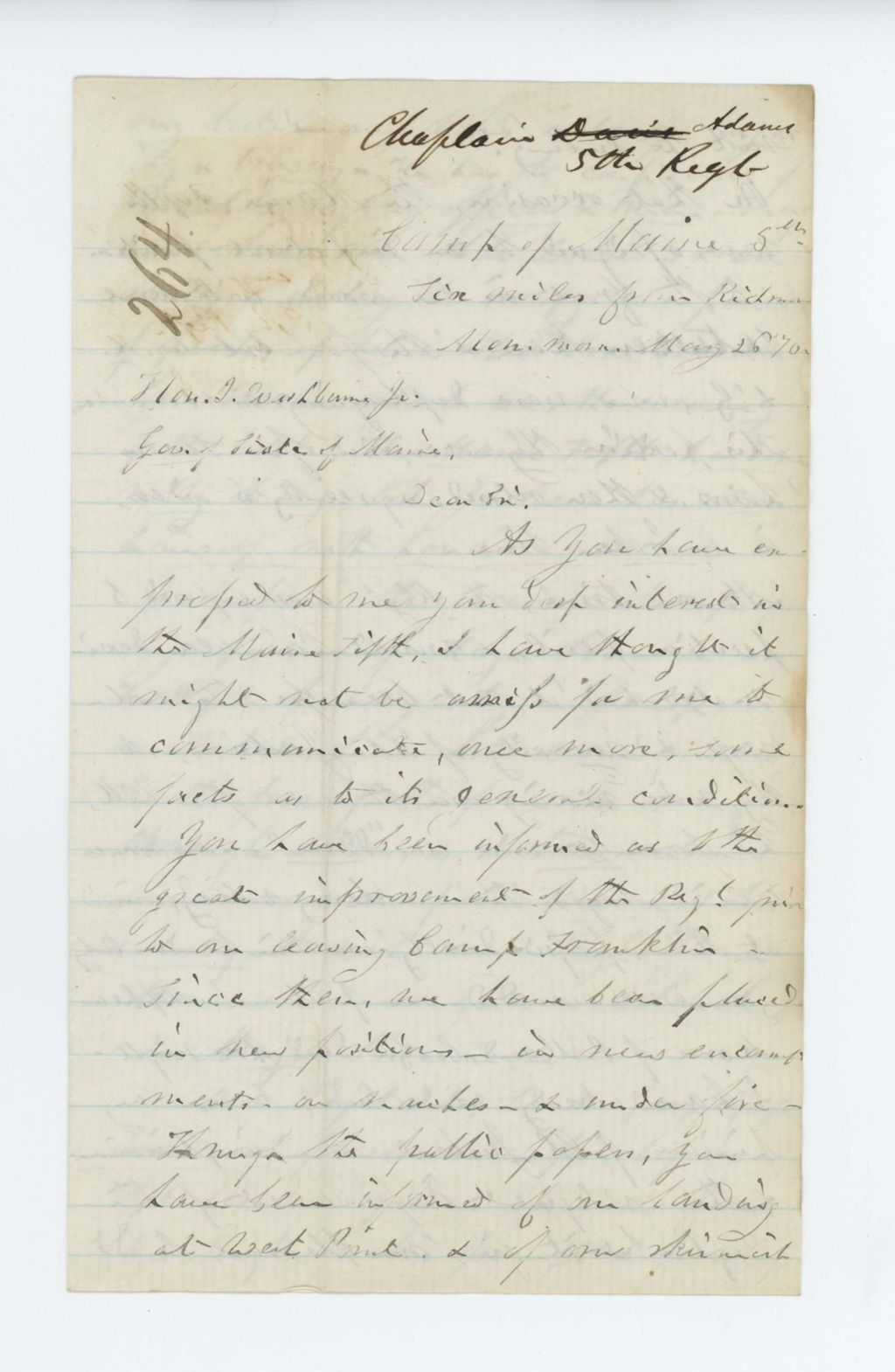 Miniature of Chaplain John Adams writes to Governor Washburn