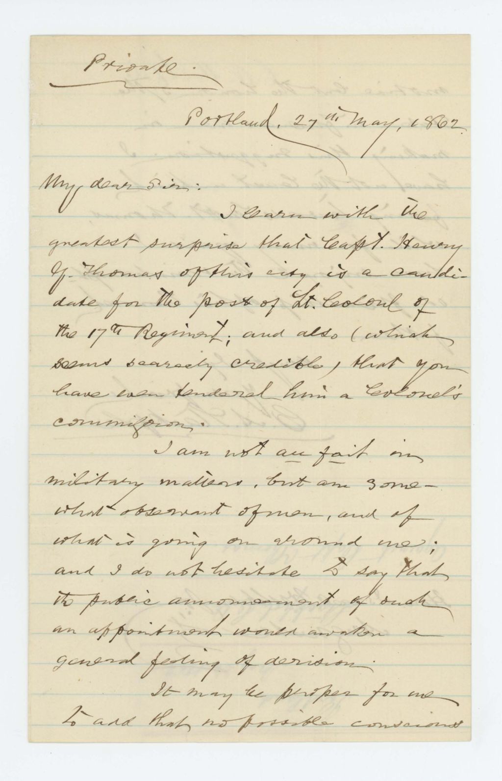Miniature of Mr. Stackpole writes Governor Washburn opposing the promotion of Captain Henry Thomas