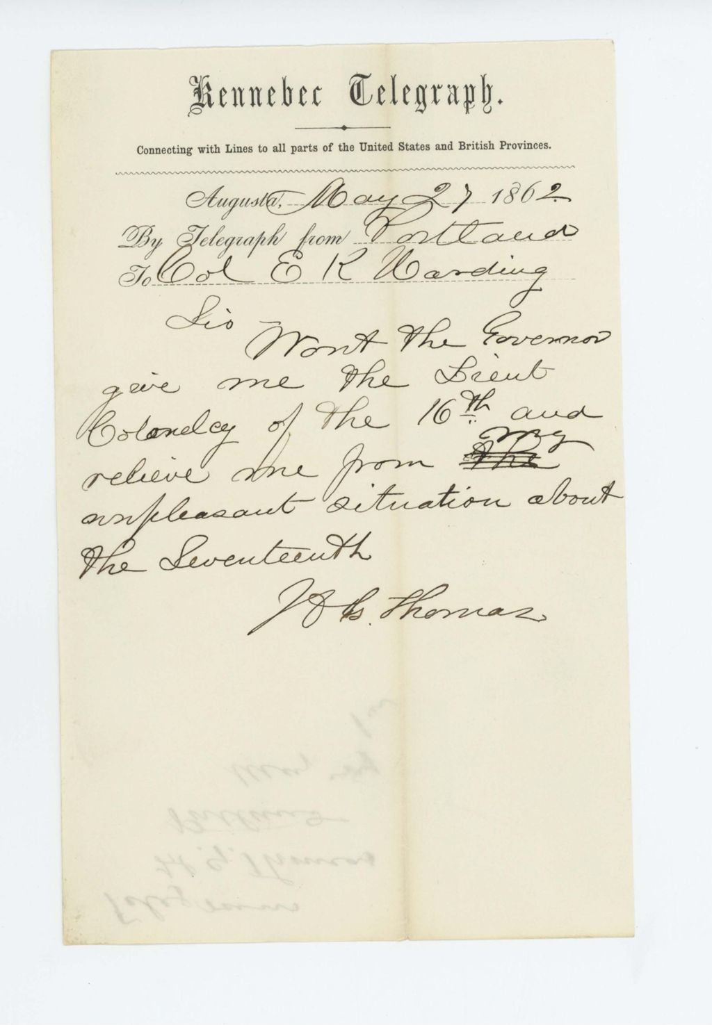 Miniature of Henry Thomas writes Colonel E.K. Harding to request a position in the 16th Maine Regiment