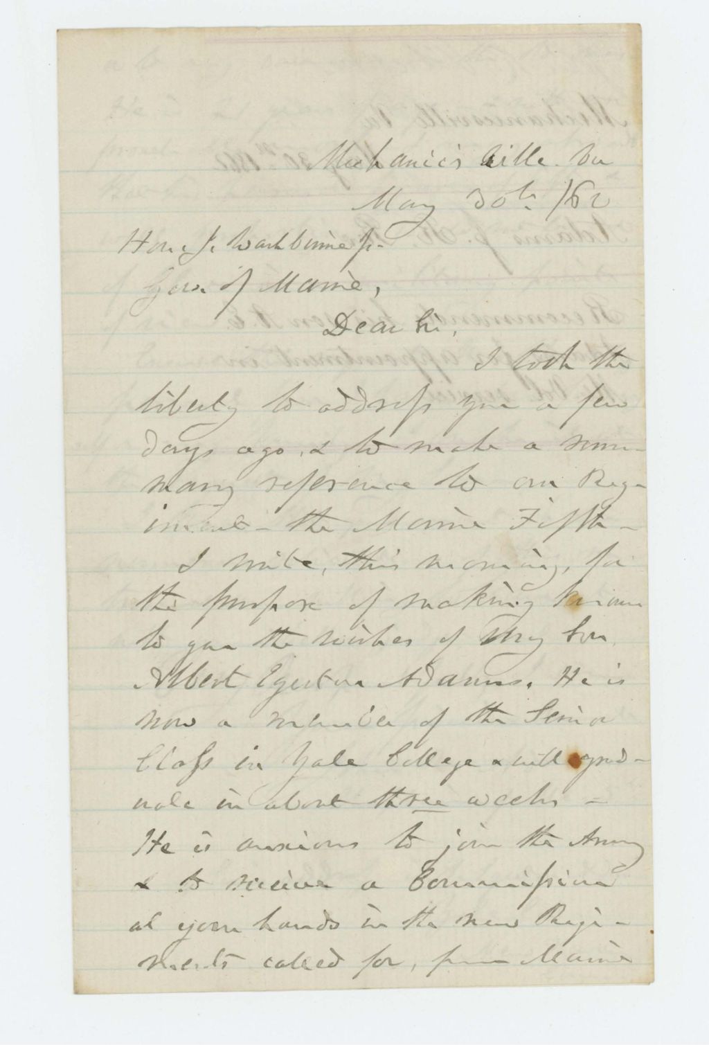 Miniature of Chaplain John R. Adams recommends his son Albert E. Adams for an appointment