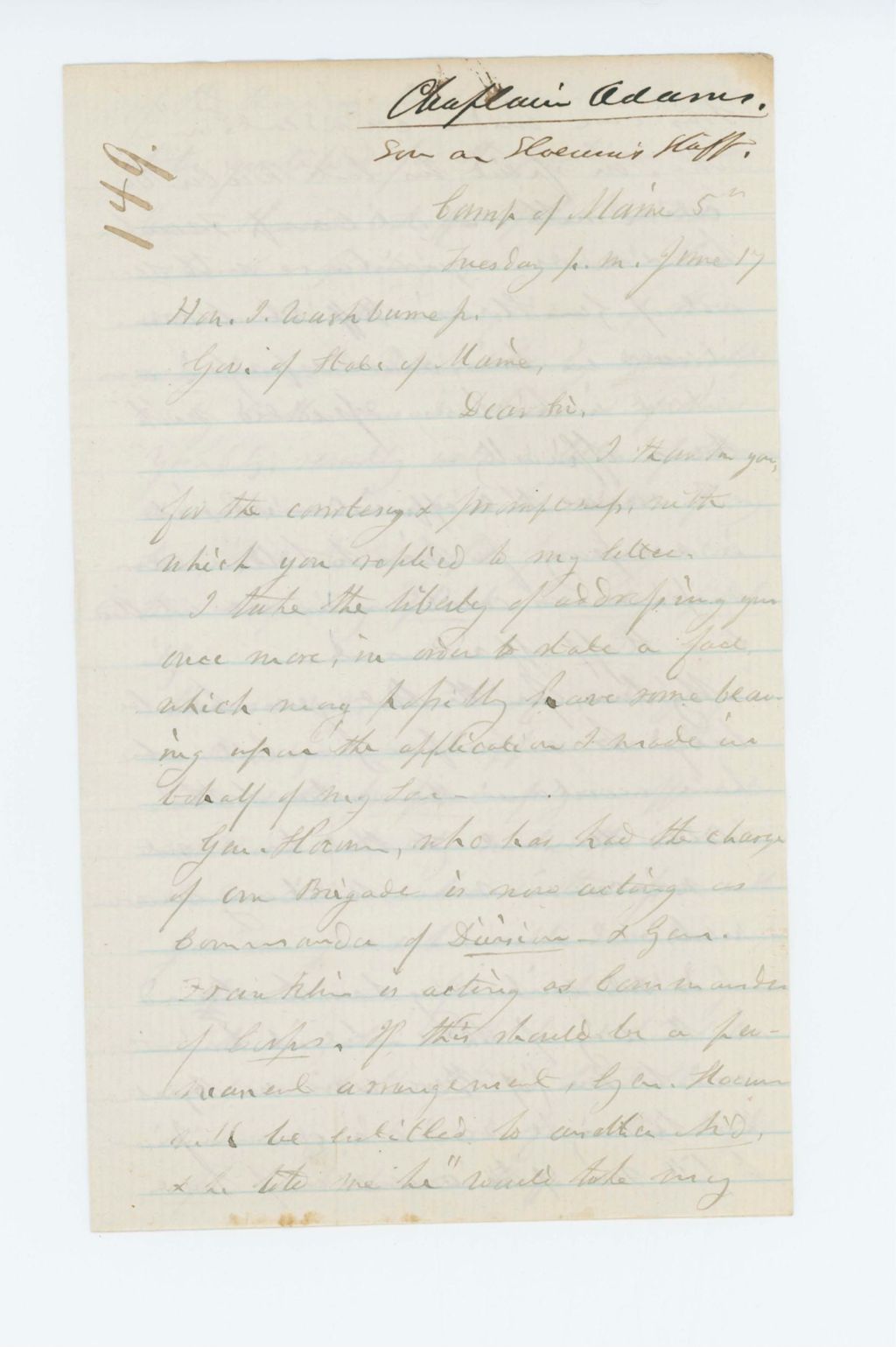 Miniature of Chaplain John Adams writes Governor Washburn regarding an appointment for his son