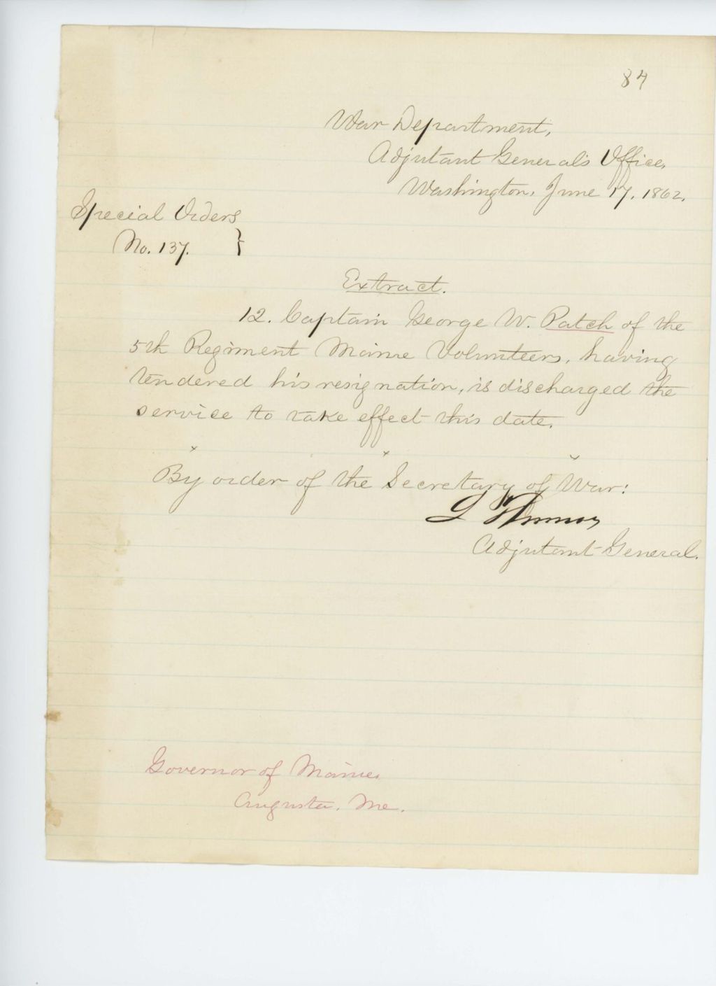 Miniature of Special Order 137 discharging Captain George W. Patch from service