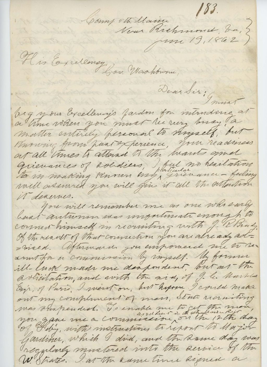 Miniature of Lieutenant William E. Stevens writes Governor Washburn about his troubles