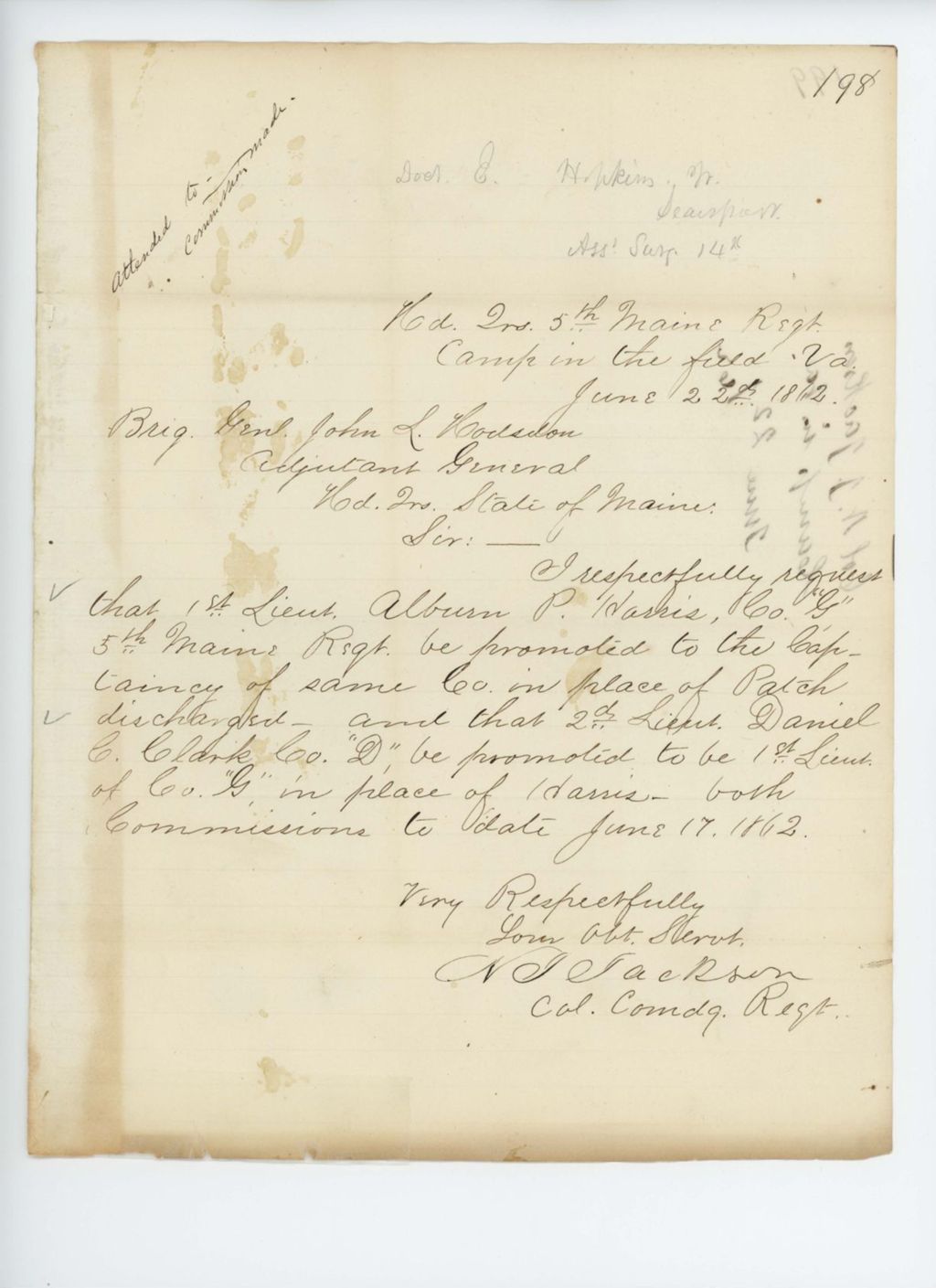 Miniature of Colonel Jackson requests promotion of Alburn Harris of Company G and Daniel Clark of Company D