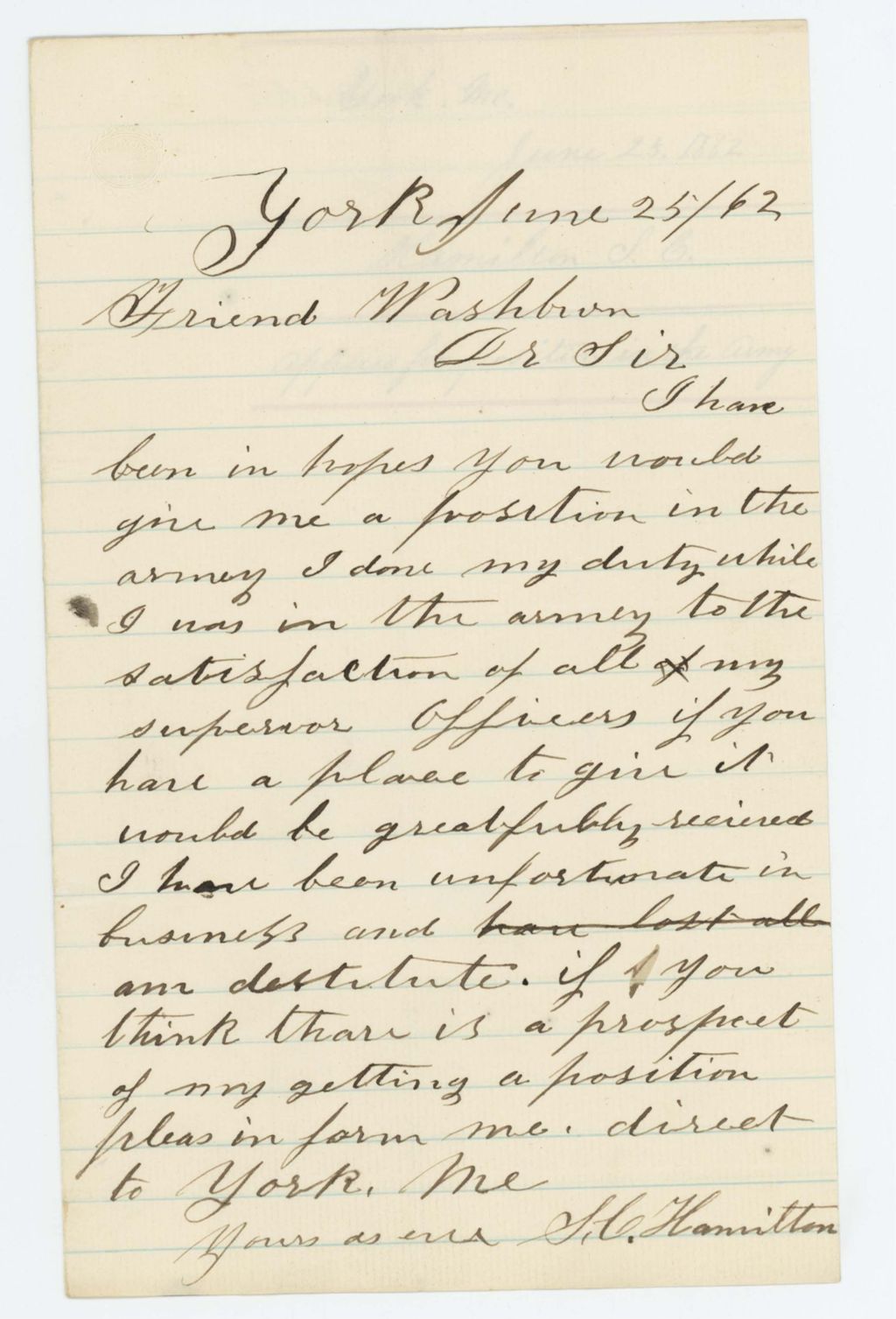 Miniature of S.C. Hamilton applies for a position in the Army