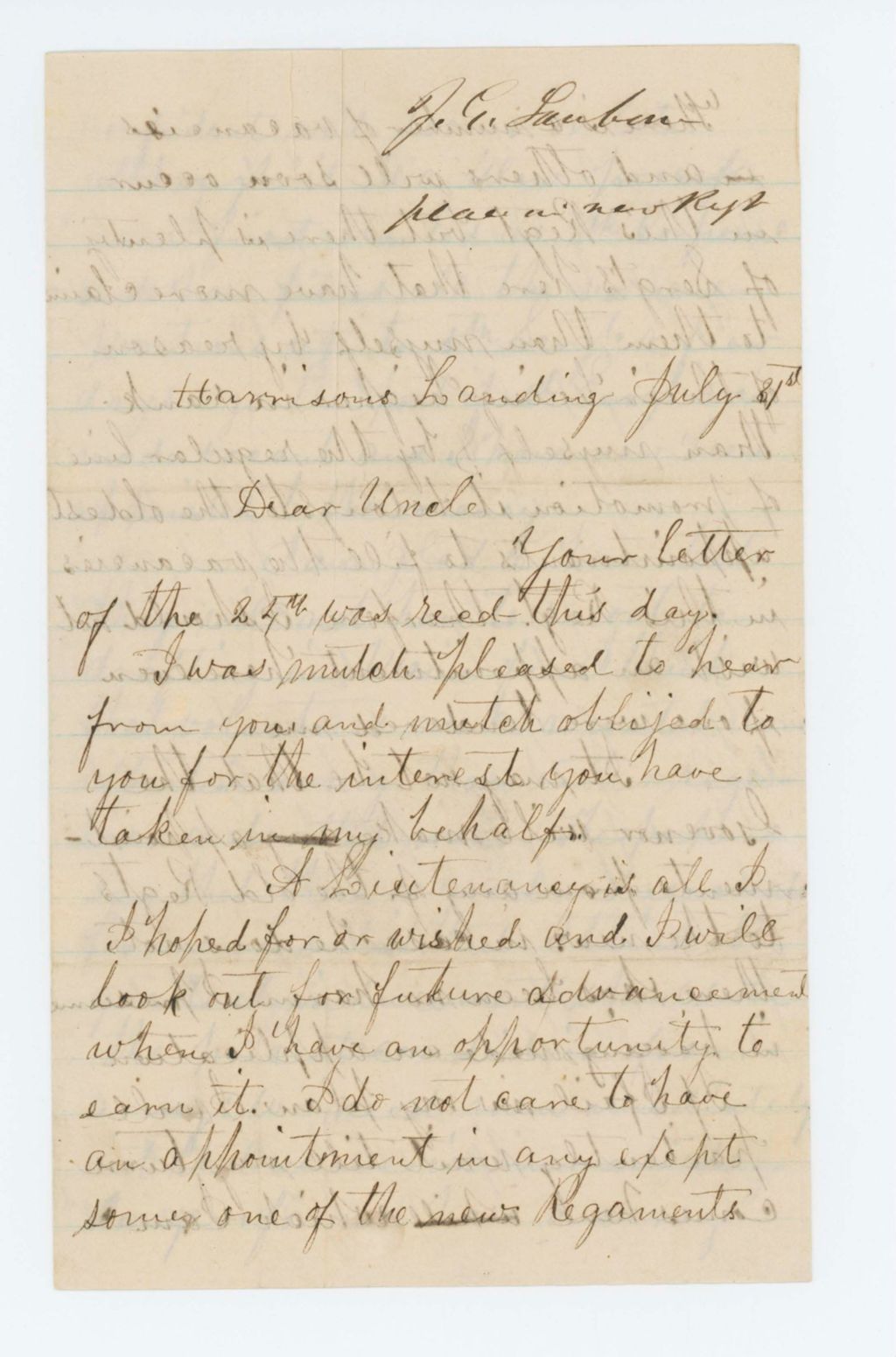 Miniature of Joseph Sanborn writes his uncle regarding a promotion