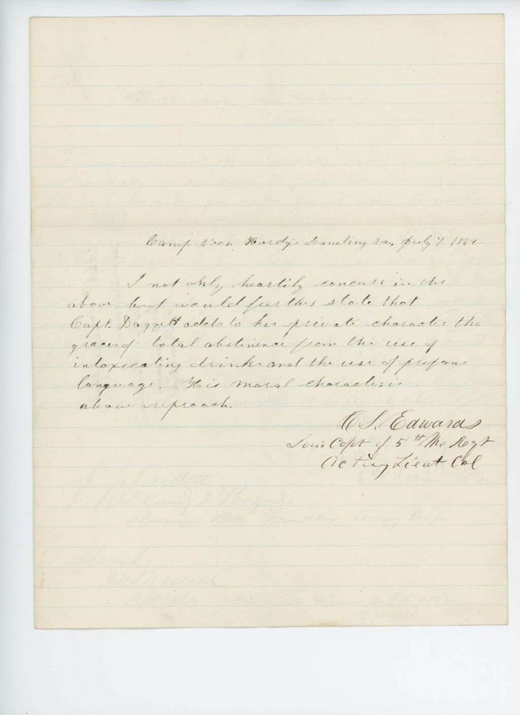 Miniature of Colonel Jacob G. Frick and others recommend Captain Daggett for promotion