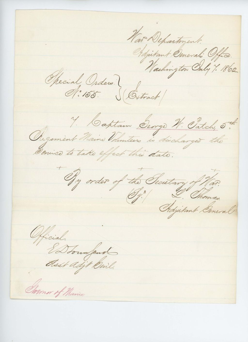 Miniature of Special Order 155 (Extract) discharging Captain George W. Patch from service