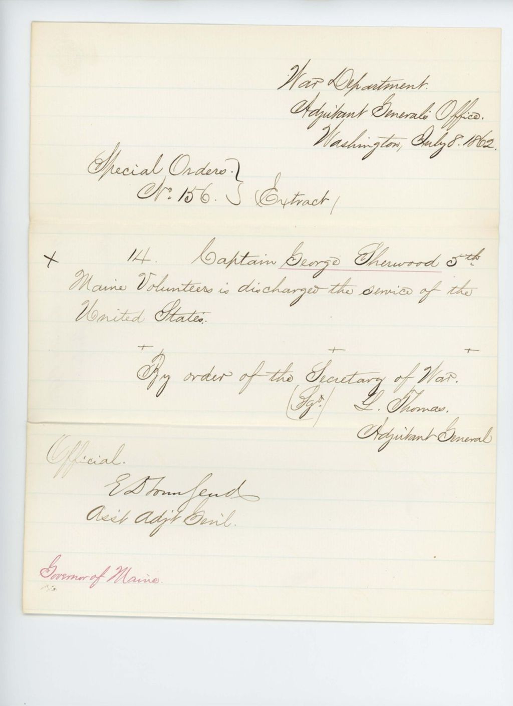 Miniature of Special Order 156 (Extract) discharging Captain George Sherwood from service