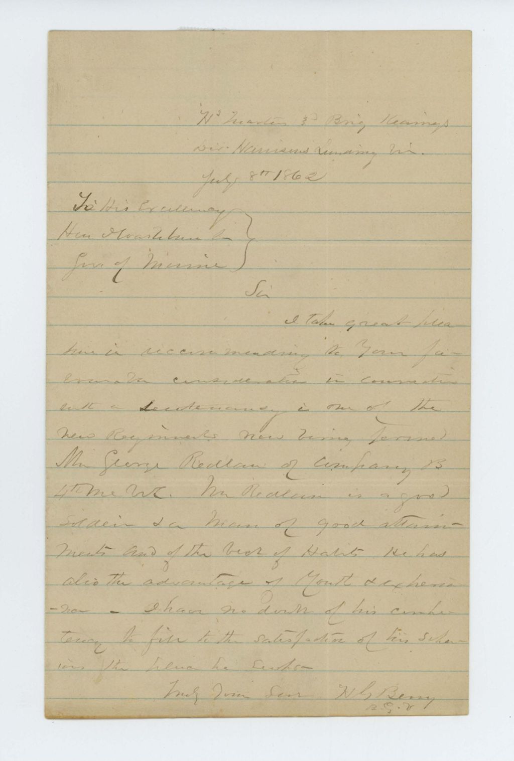 Miniature of General Hiram G. Berry recommends George Redlan for a promotion