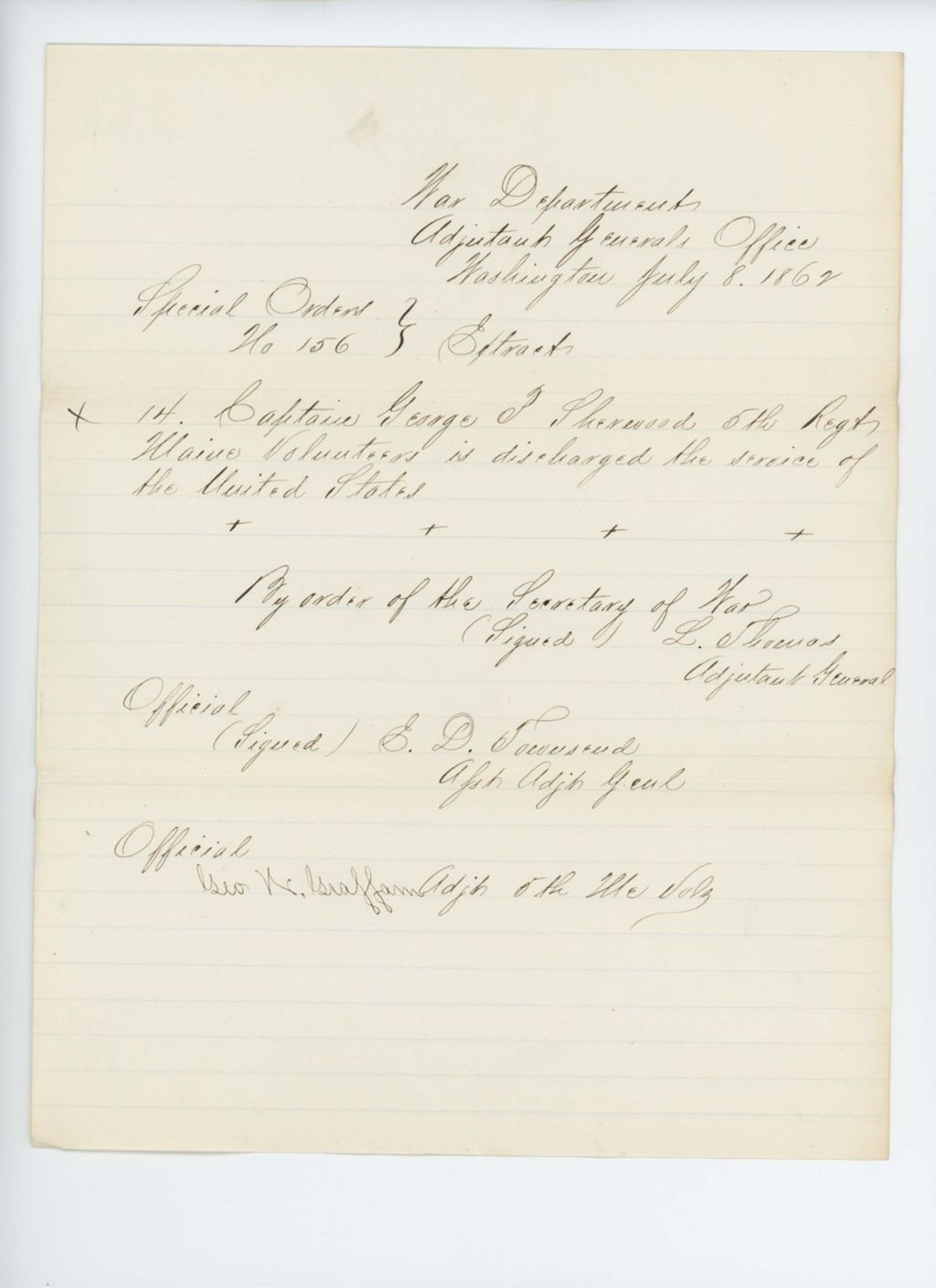 Miniature of Special Order 156 (Extract) discharging Captain George Sherwood from service