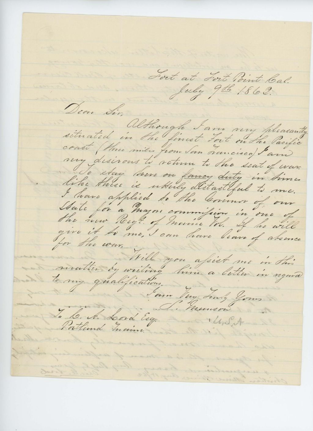 Miniature of S. Munson writes to C.A. Lord requesting a return to duty