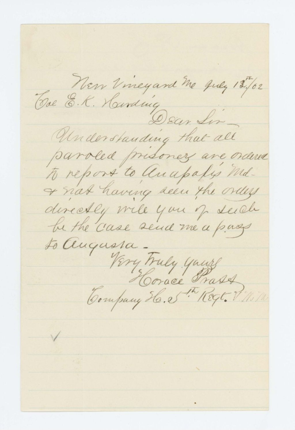 Miniature of Horace Pratt of Company H requests a pass to Augusta as a paroled prisoner