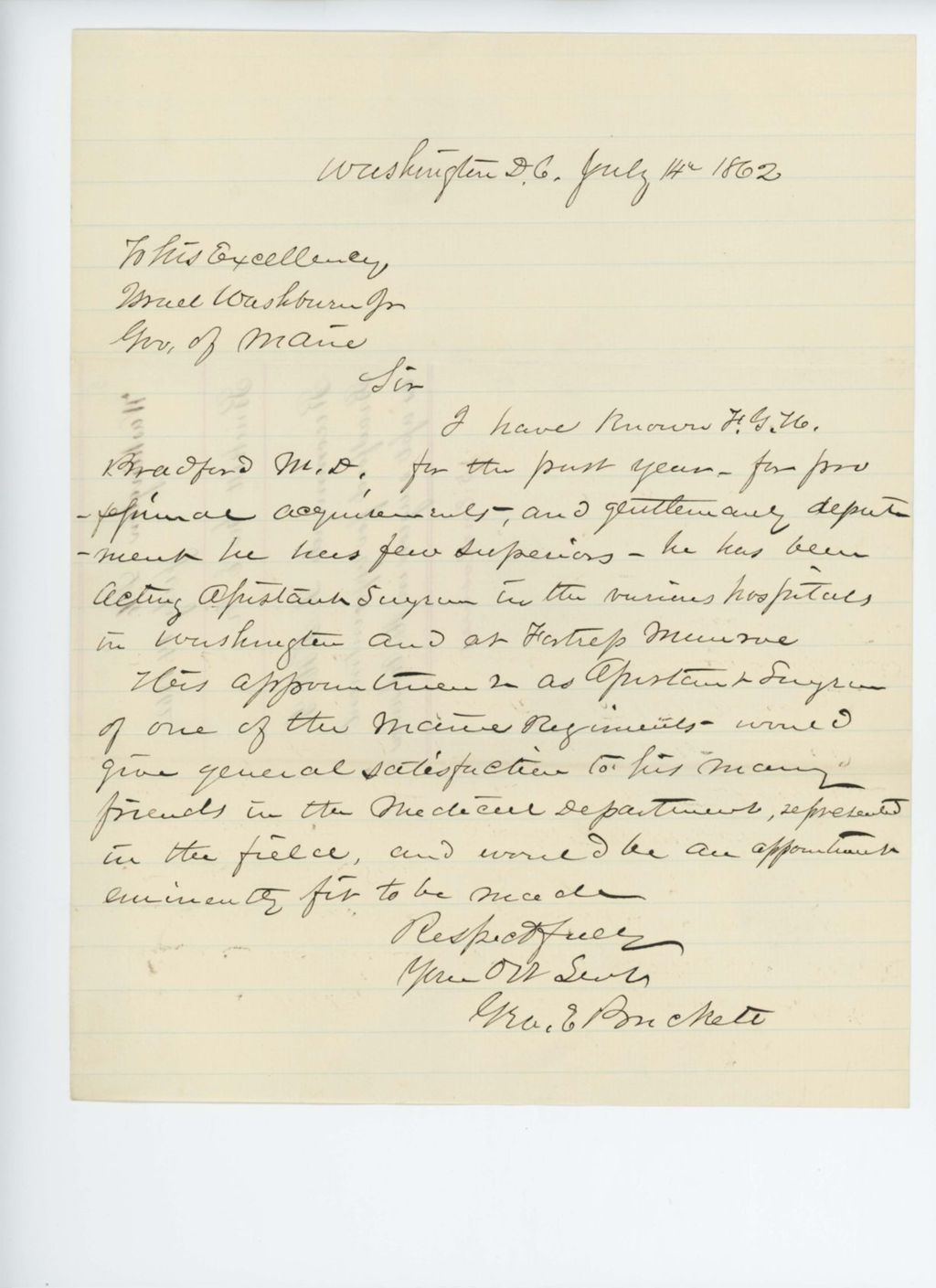 Miniature of Dr. George Brickett recommends Dr. F.H.G. Bradford for appointment as assistant surgeon