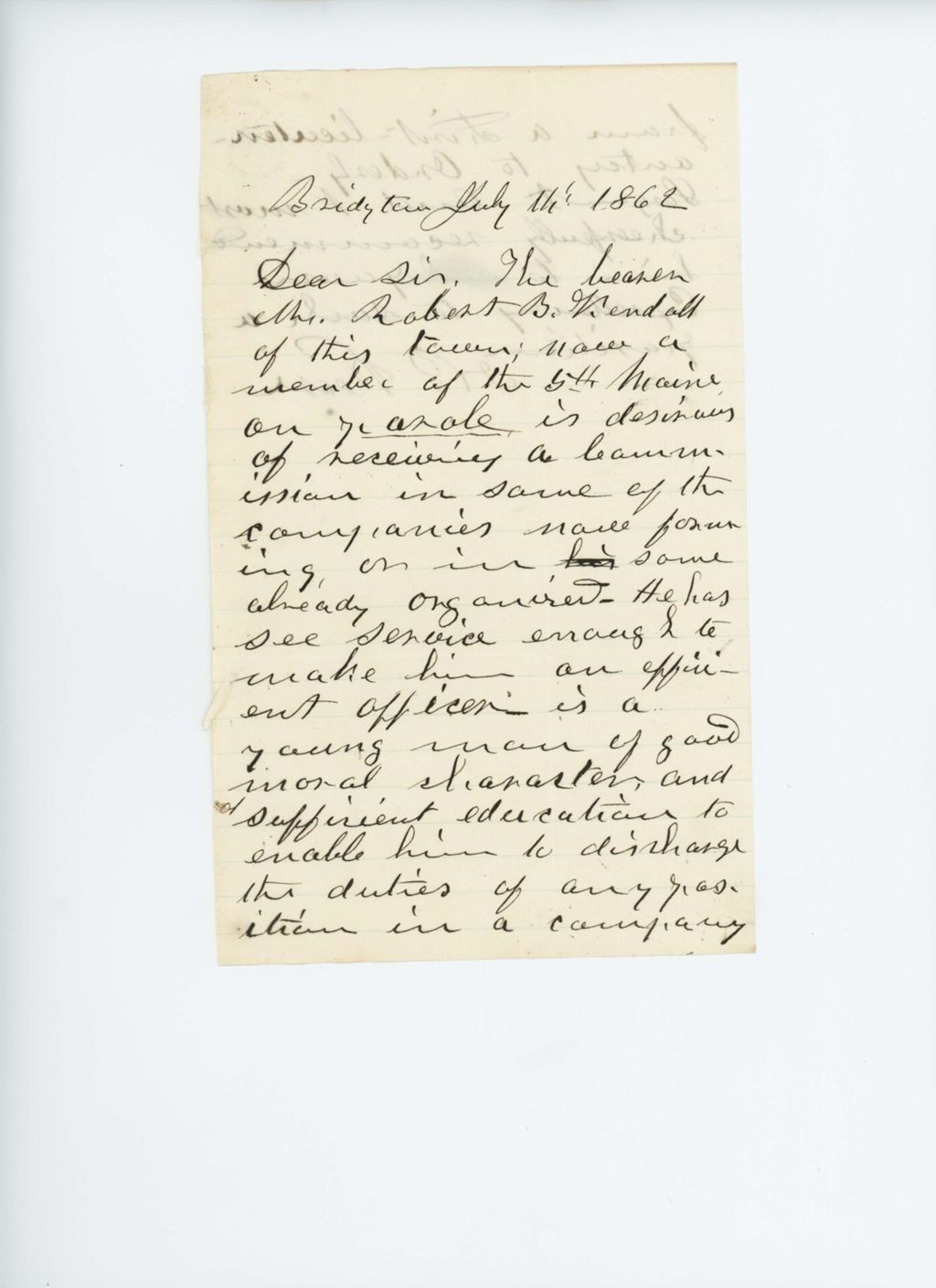 Miniature of Nathaniel Pease recommends Robert B. Kendall for a commission