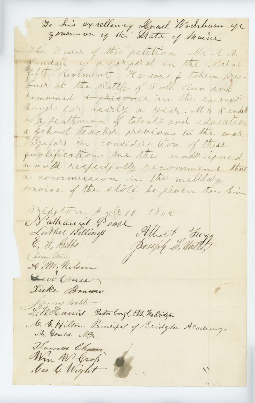 Miniature of Nathaniel Pease and others petition for a commission for Robert Kendall