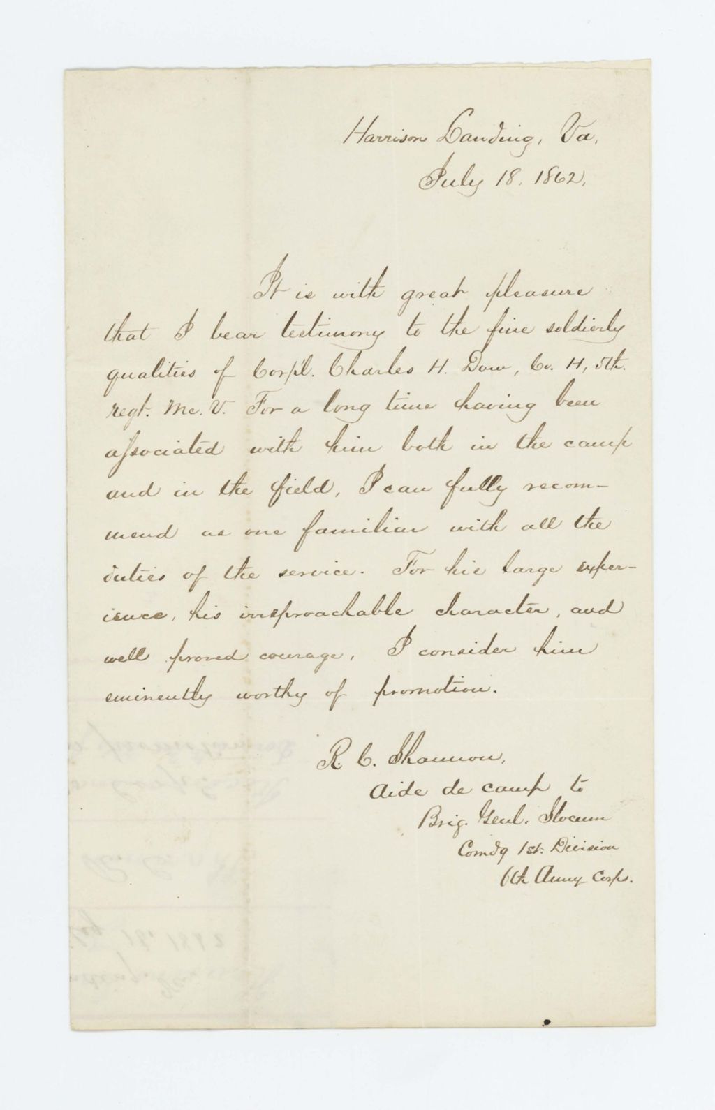 Miniature of Richard C. Shannon recommends Corporal Charles H. Dow of Company H for promotion