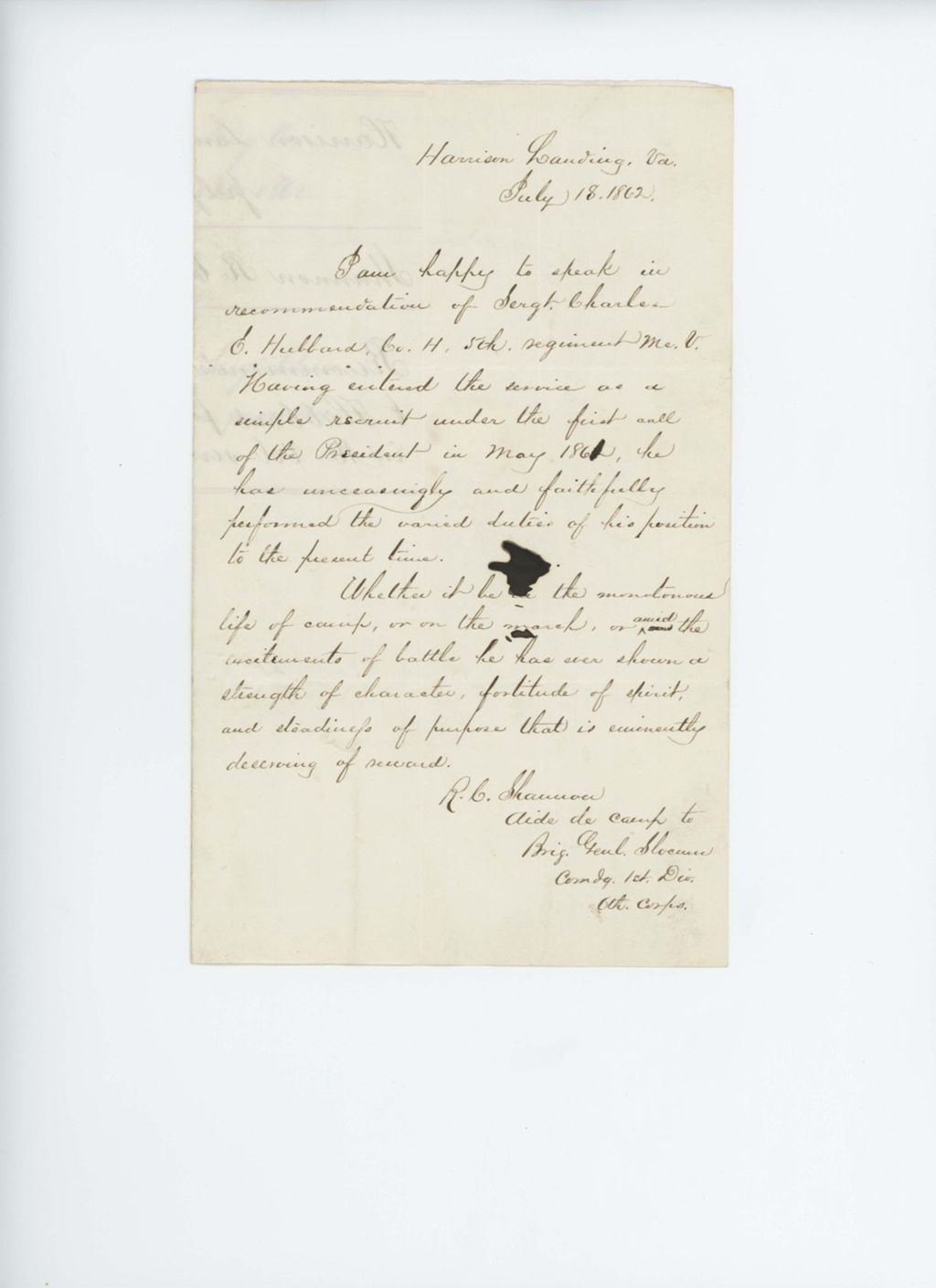 Miniature of Richard C. Shannon recommends Sergeant Charles Hubbard of Company H for promotion