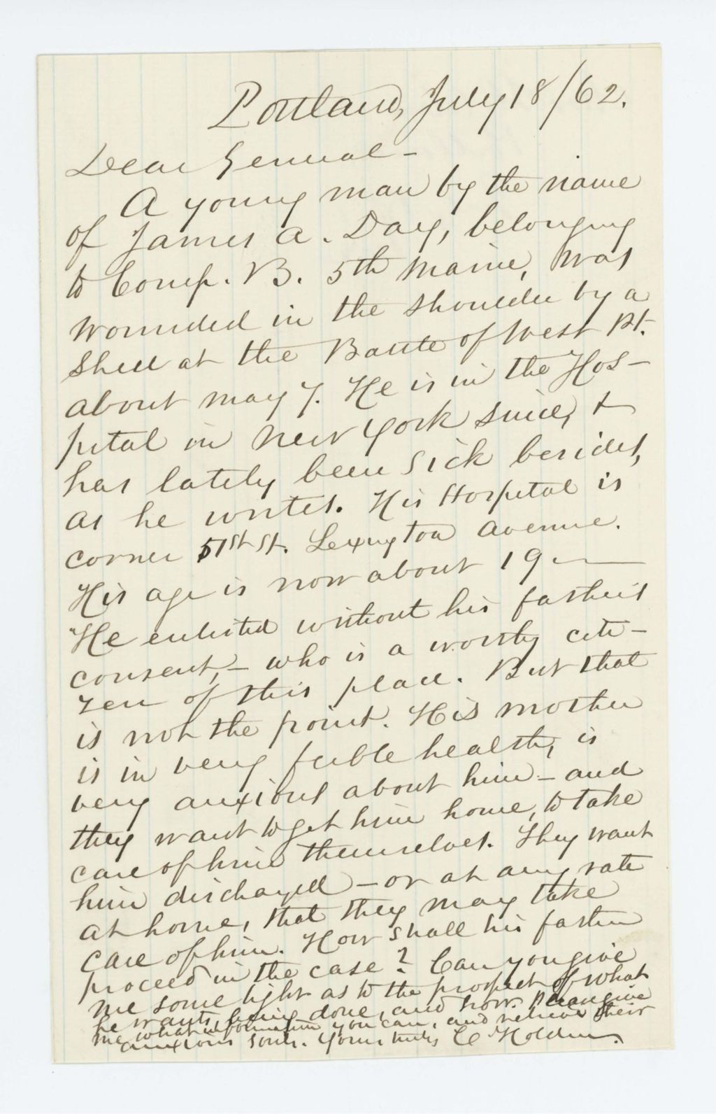 Miniature of Charles Holders requests discharge for James A. Day of Company B, whose mother is ill