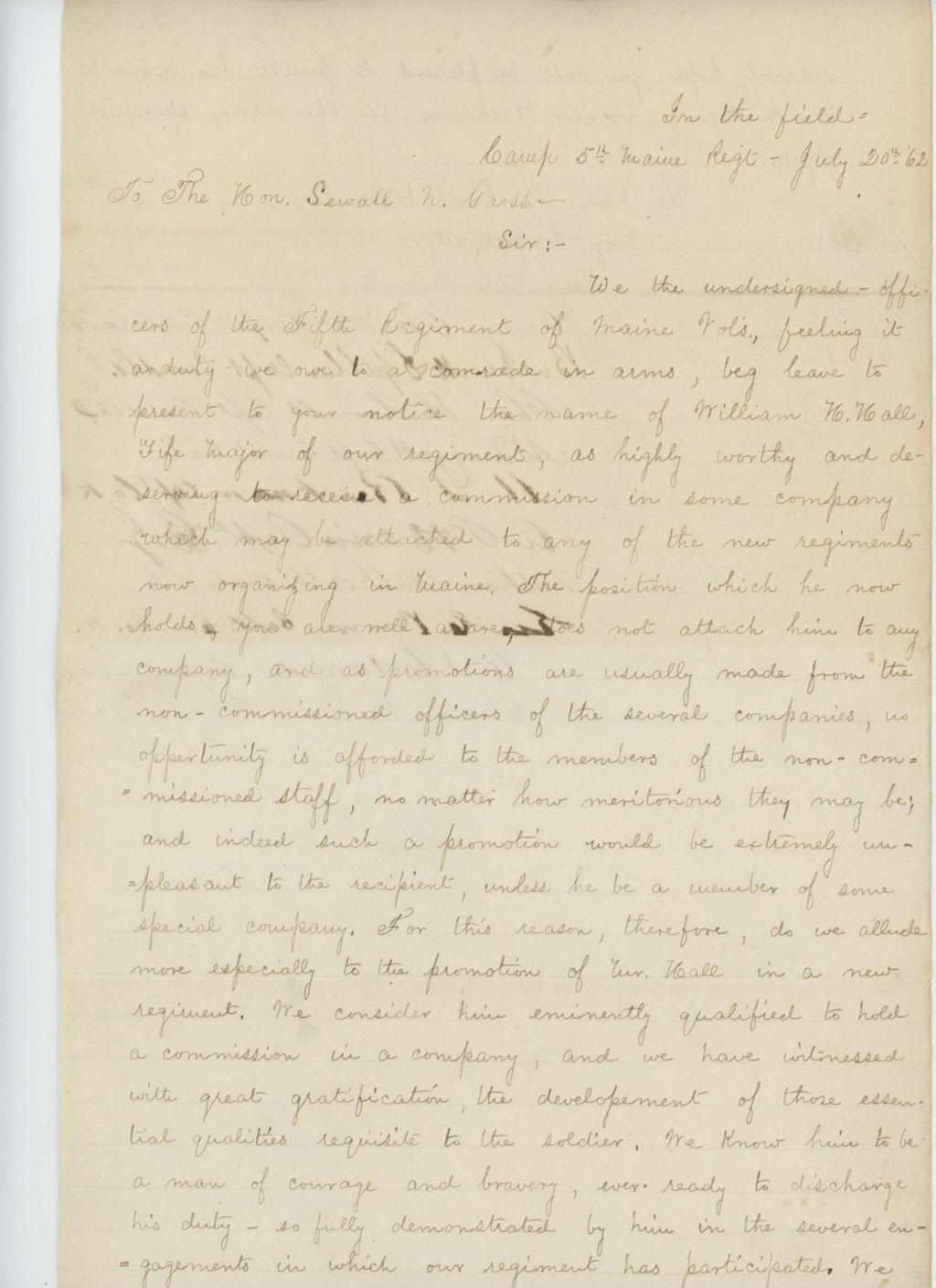 Miniature of Petition by Captain Henry Millett and others for the promotion of Fife Major William H. Hall
