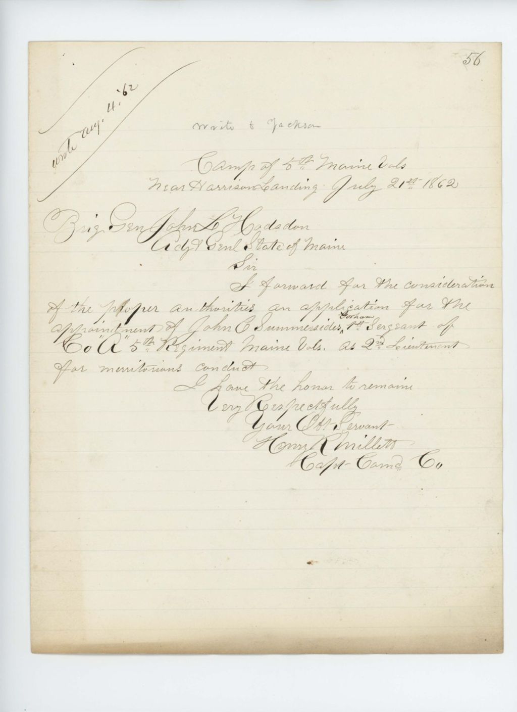 Miniature of Captain Henry Millett recommends promotion of John Summersides for meritorious conduct