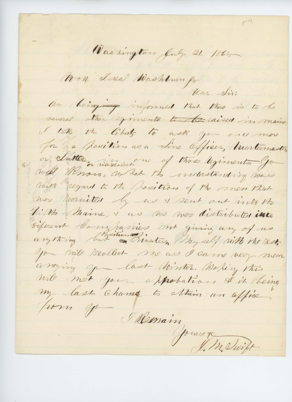 Miniature of J.M. Swift requests a position as a line officer
