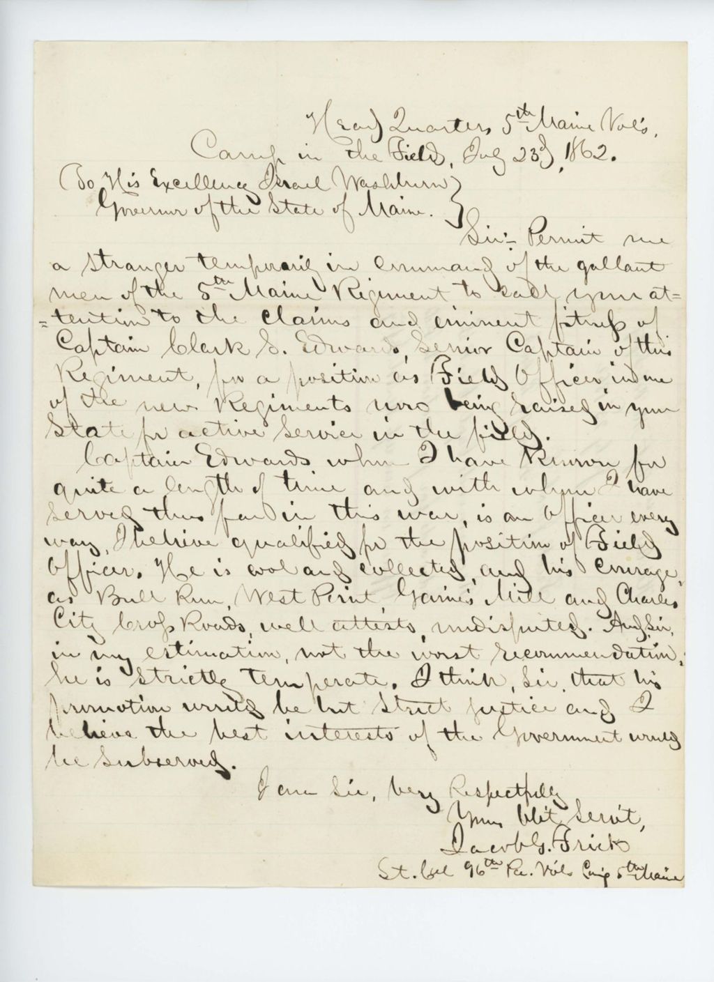 Miniature of Lieutenant Colonel Jacob Frick recommends Captain Clark S. Edwards for promotion to field officer