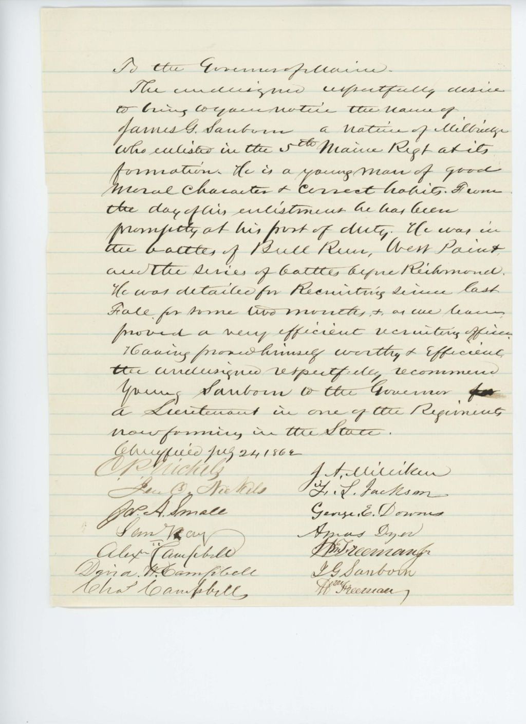 Miniature of Alexander Campbell and others recommend promotion of James G. Sanborn