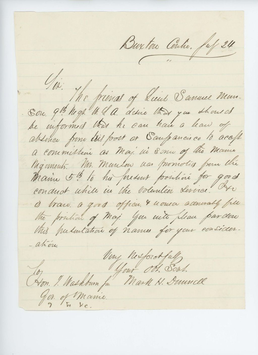 Miniature of Mark Dunnell recommends Lieutenant Samuel Munson for commission as Major in a new regiment